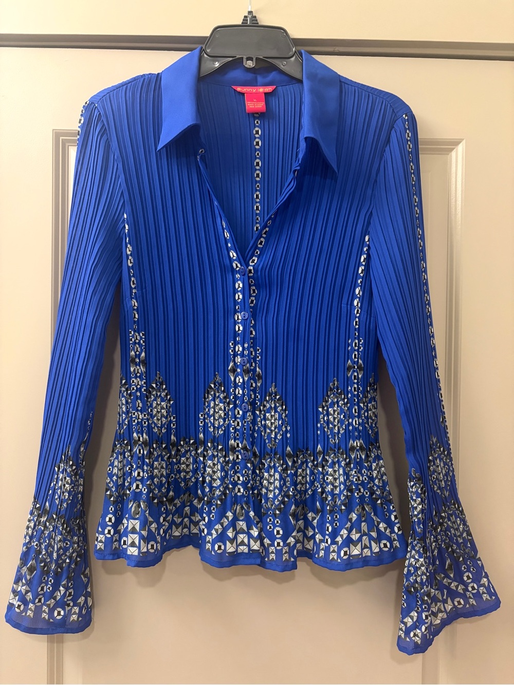 Sunny Leigh Royal Blue Pleated Button-Front Shirt with Printed Trim